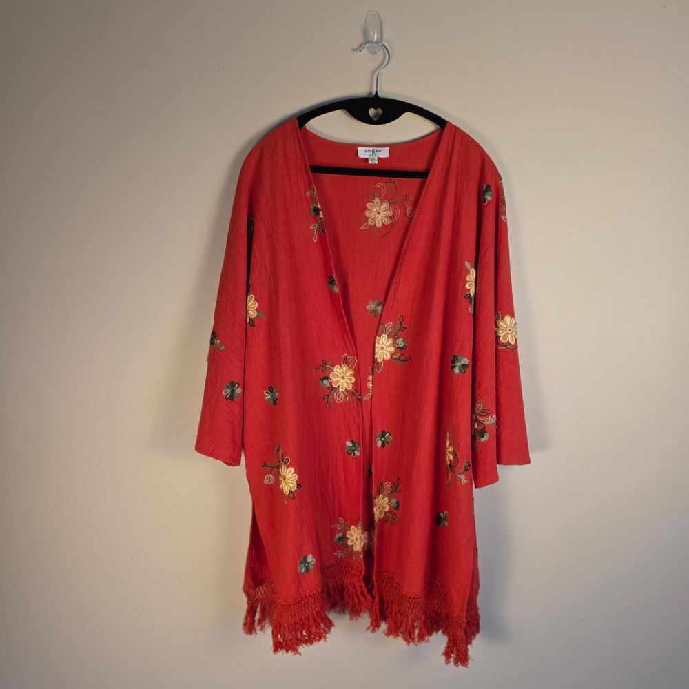 Umgee Kimono Women Small Oversized Orange Floral Embroidered Fringe Cotton
